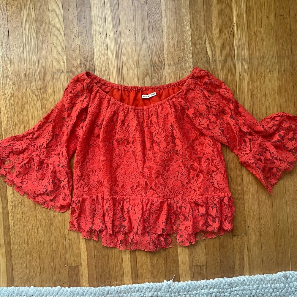 Mustard Seed Red Ruffled Bell Sleeve Blouse